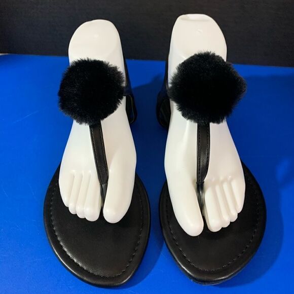 Liliana Black Faux Fur Pom Sandals - Picture 1 of 7